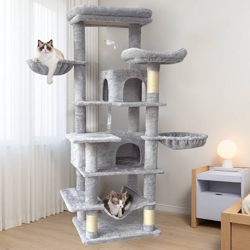 68 in Tall Multi-Level Green Cat Tree with Hammocks, Hanging Basket, Cat Cave, Removeable Cushion, Scratching Posts