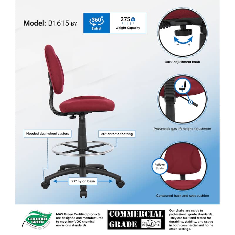 Boss Contoured Comfort Adjustable Rolling Drafting Stool Chair