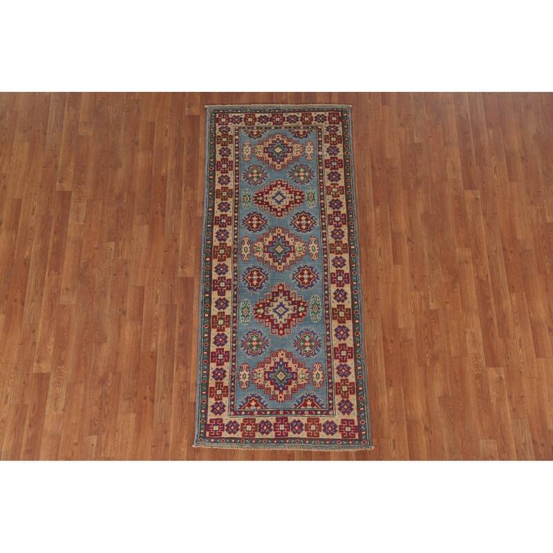 Hand Knotted Oriental 100% Wool Carpet Traditional Geometric Navy Blue & Blues Kazak Area Rug - 6' 4'' X 2' 9''