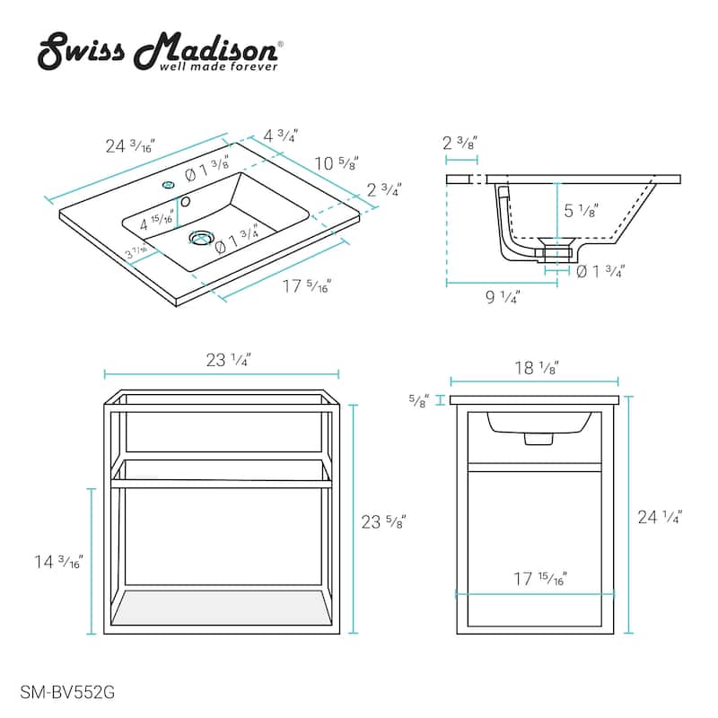Swiss Madison Pierre 24" Single, Metal Frame, Open Shelf, Bathroom Vanity