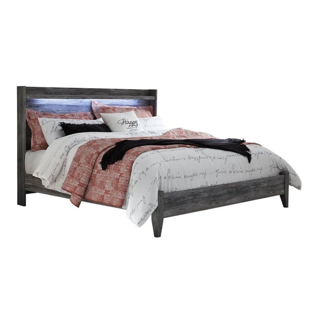 Bays King Size Bed, LED Panel Bookcase Headboard, Driftwood Smoke Gray