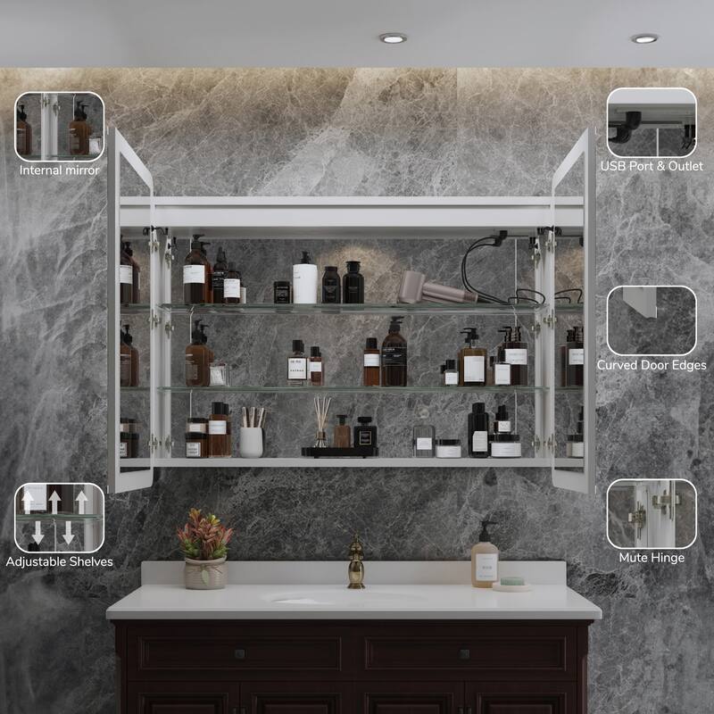 Rounded Edge LED Medicine Cabinet with Mirror, Dimmable, Anti-fog, Adjustable Shelves, Recessed or Wall Mount, ETL Certified