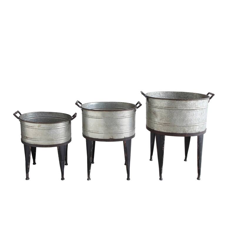 Metal Planter Pots on 4-Leg Stands and Handle - Silver