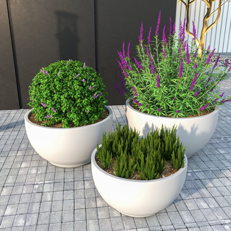 LeisureMod Grove 3-Piece Round Planter Set in Fiberstone and MgO Clay with Drainage, Indoor Outdoor Home Office Yard Patio Decor