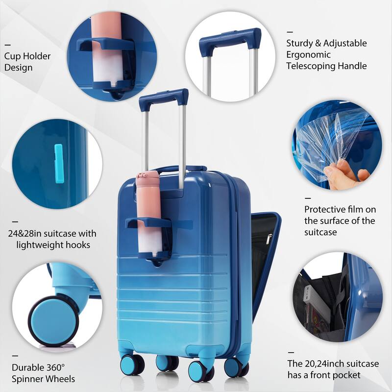 Luggage Set of 3 with USB Port, Front Opening Design Airline Certified Carry on Luggage w/Expandable Travel Bag and Cup Holder