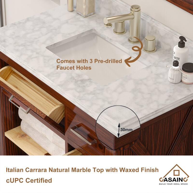 CASAINC 36"48"60" Freestanding Bathroom Vanity in Traditional Brown with Sink and Carrara Marble Top
