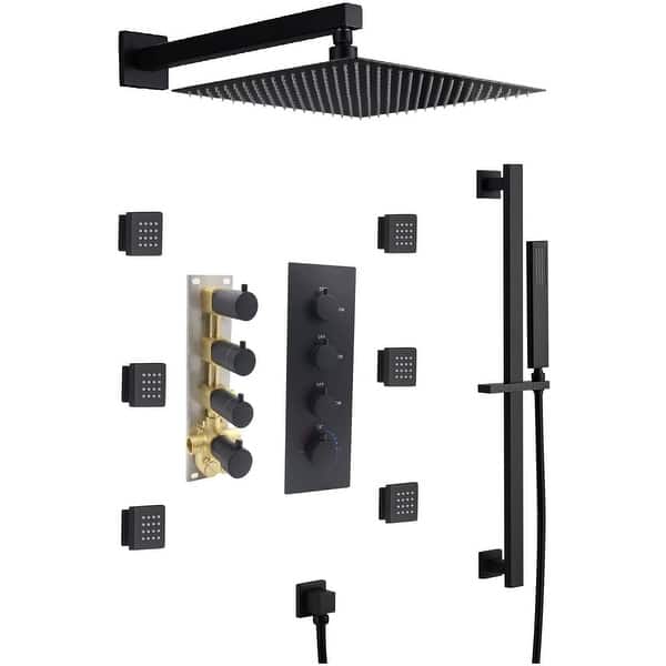 slide 2 of 18, 12" In Wall Rainfall 3 Way Thermostatic Shower System w/ Slide Bar, 6 Jets Matte Black