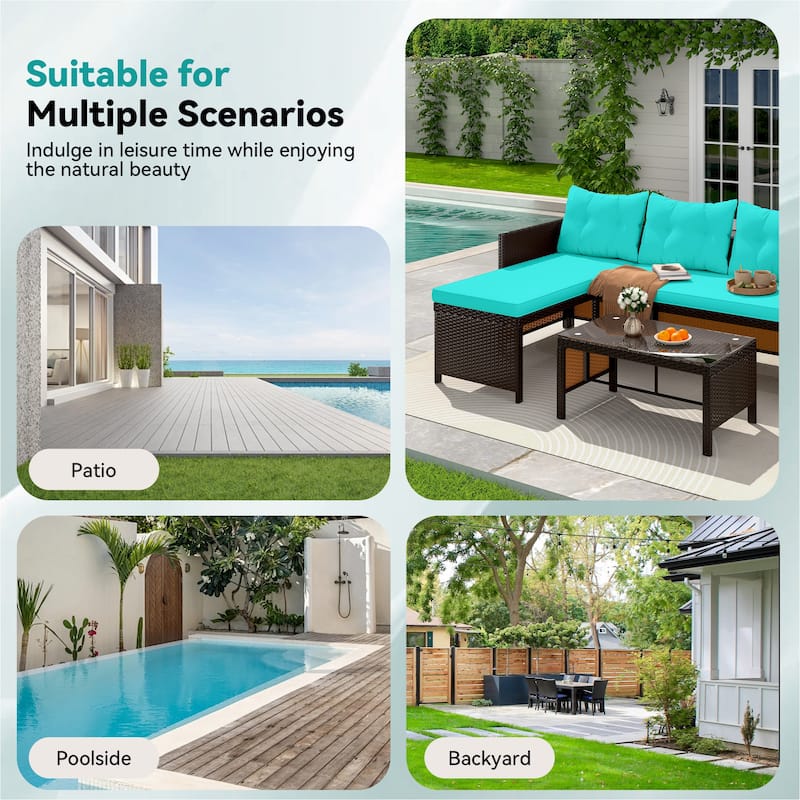 EROMMY 3-Piece Outdoor Patio Furniture Set, All-Weather PE Rattan Sofa Set with Glass Table & Cushions, Perfect for Balcony