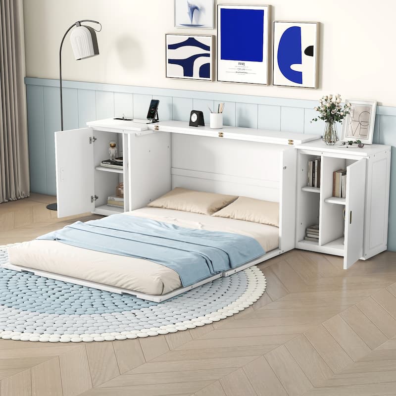 Queen Size Modern Style Murphy Bed with Shelves, Cabinets and USB Ports for Bedroom - White - Queen