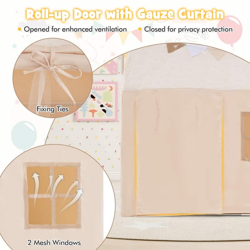 Beige Flannel Kids Playhouse with Glow Stars, Lights, Mesh Windows and Mat - 47" x 41" x 51" (L x W x H)