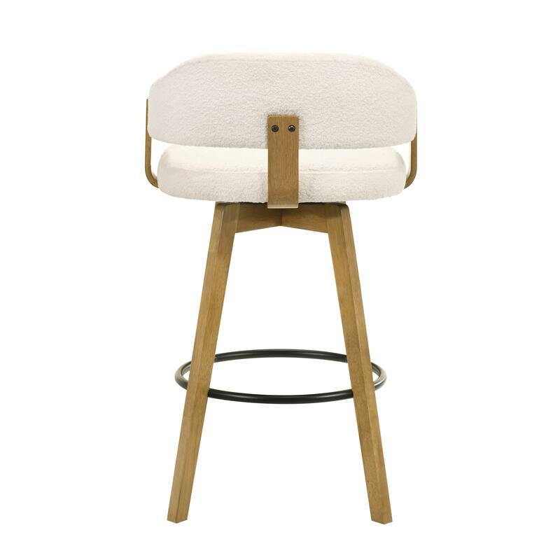 Callah Natural Wood Bar Stool, Counter Height Kitchen Stool in Amber Glow Finish with White Boucle Fabric Upholstered Seat