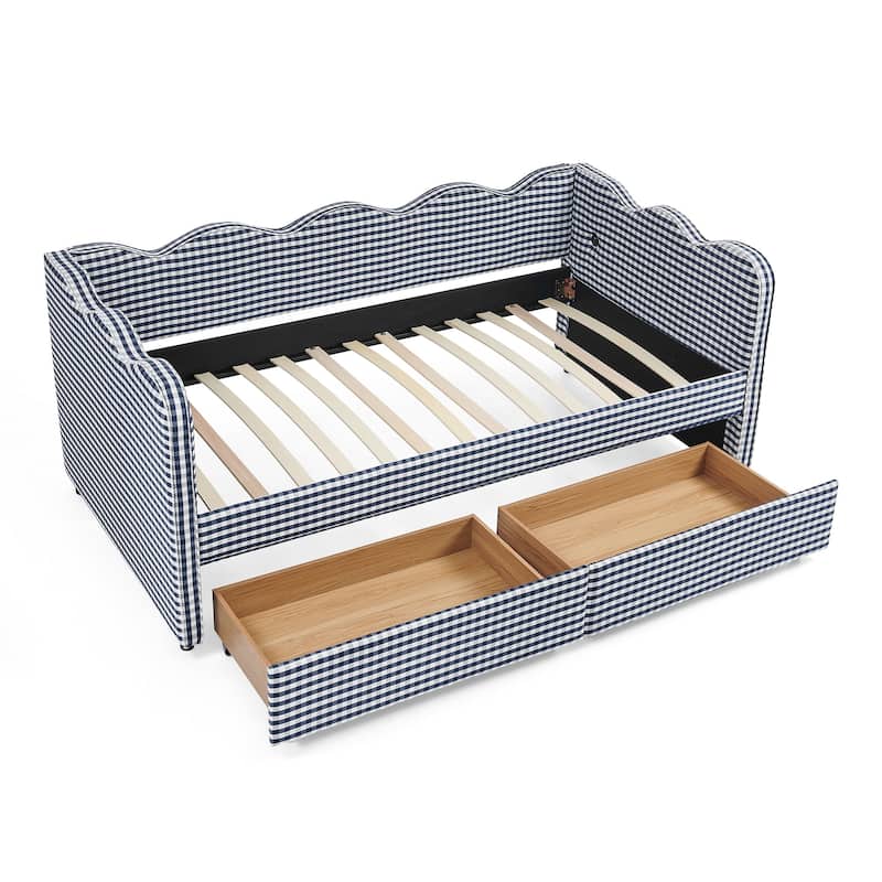 Twin Size Gingham Linen Upholstered Daybed with 2 Storage Drawers, USB Charging Station & Waved Arms