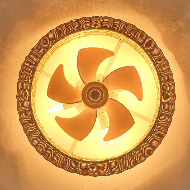 20-inch Boho Distressed White Chandelier Flush Mount Ceiling Fan with Remote and Hand-Woven Rattan Shade - 19.7" W x 7.08" H