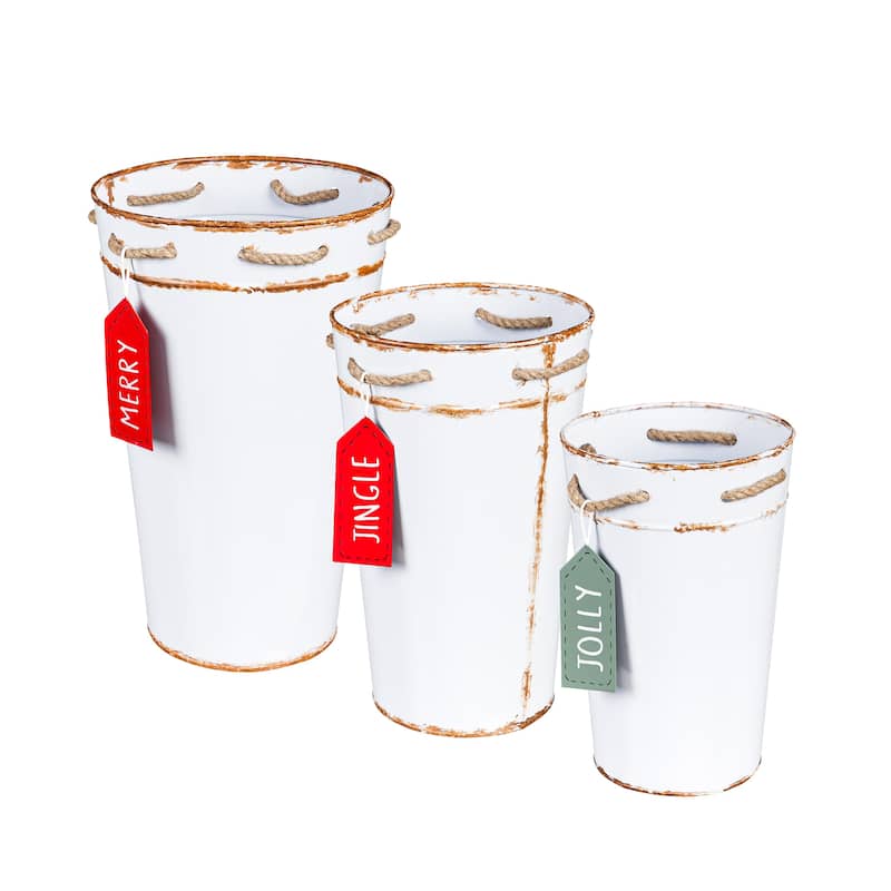 French Bucket with Holiday Tag on Robe Metal Planter (3-Pack)