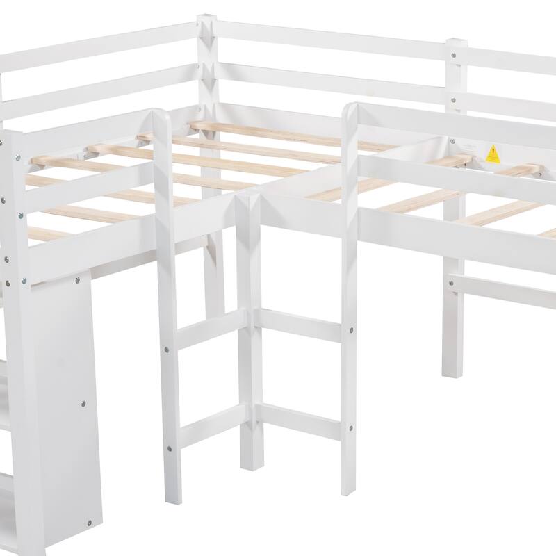 LShaped Twin Size Loft Bed with Movable 2Tier Shelves, Space Saving