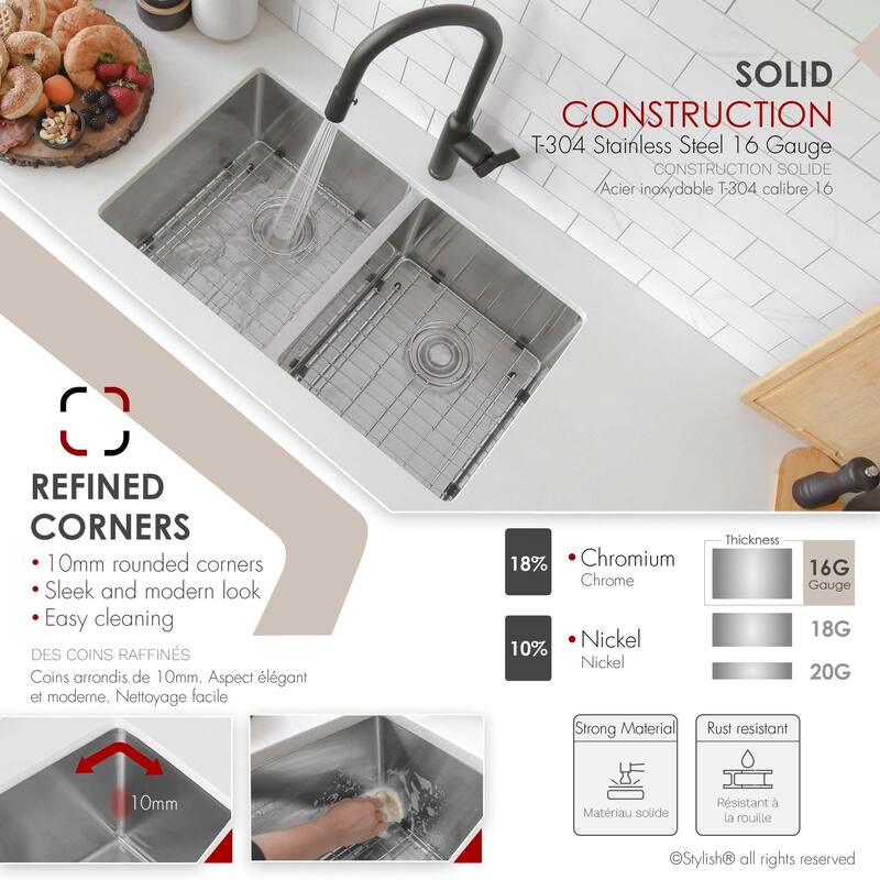 Undermount 30" Double-Bowl Stainless Steel Kitchen Sink S-304XG - 30" x 18" x 10"