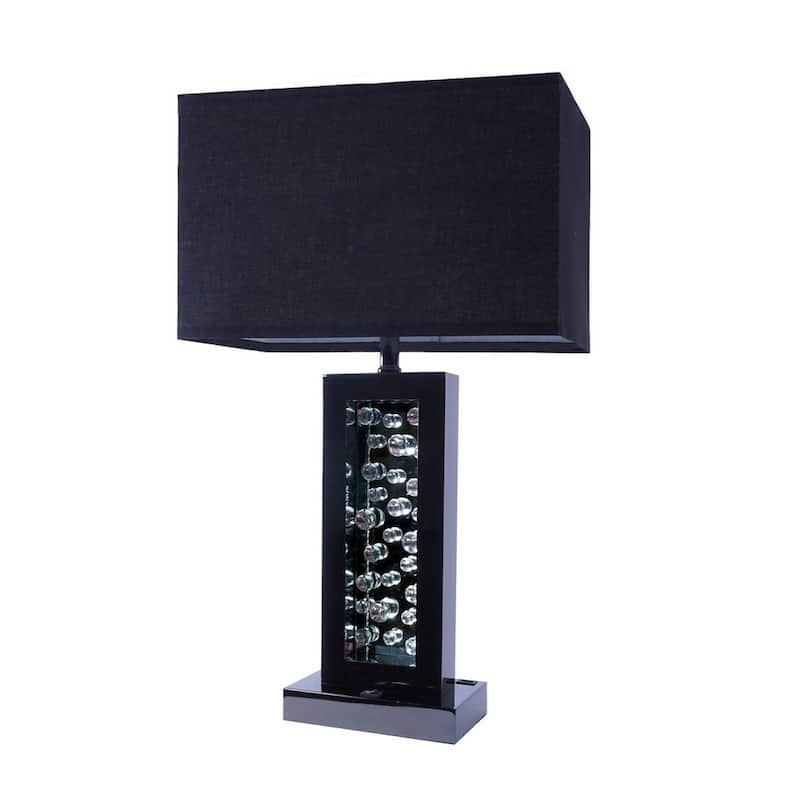28 Inch Nickel Table Lamp, Black Fabric Shade, Glass Panel with LED Accents
