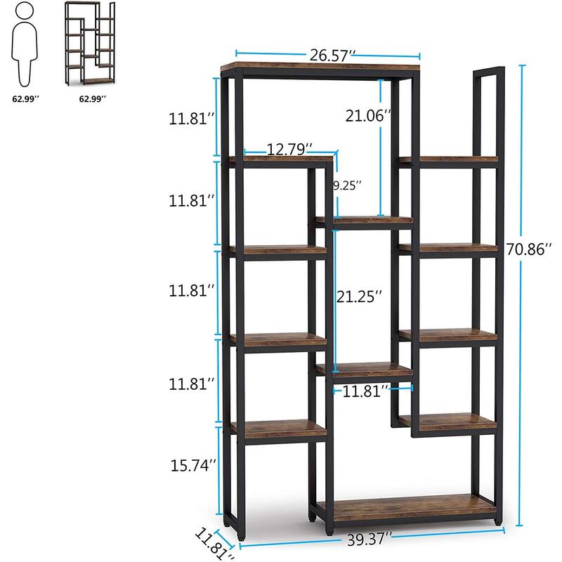 6-Tier Bookshelf 70.9 inch Tall Bookcase, Rustic Brown