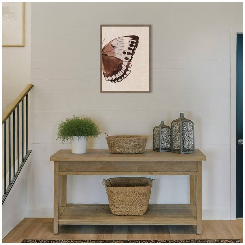 Kate and Laurel Sylvie Retro Butterfly Watercolor Diptych Neutral Burlap Right Framed Canvas by The Creative Bunch Studio