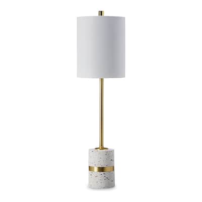 Joen 31 Inch Modern Table Lamp, Round White Terrazzo Base, Gold Brass Metal