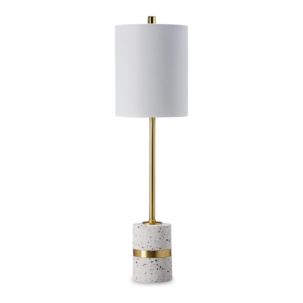 Joen 31 Inch Modern Table Lamp, Round White Terrazzo Base, Gold Brass Metal