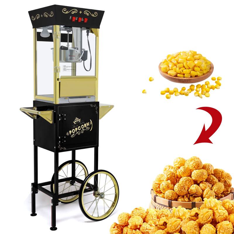 12oz Popcorn Machine Cart, Popcorn Cart with Wheels, Vintage Popcorn Machine with Stainless Steel Kettle - Black