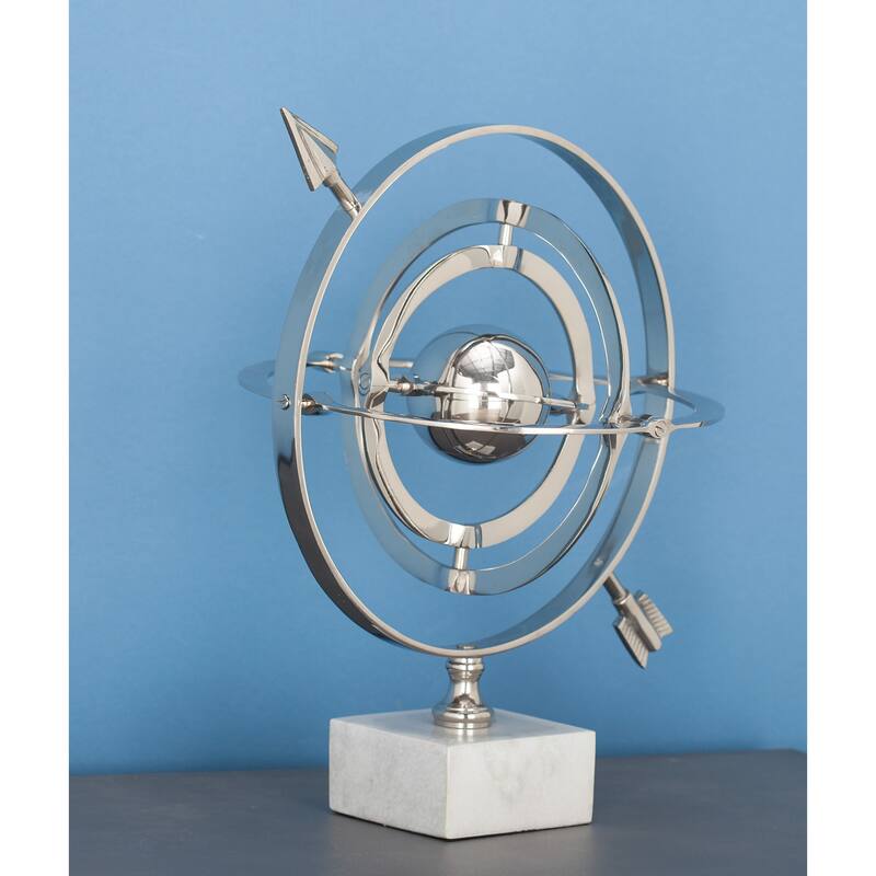 Silver Aluminum Metal Armillary Globe with Marble Base