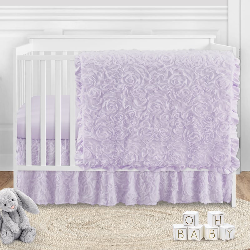 Purple Floral Rose Girl 4pc Nursery Crib Bedding Set - Solid Lavender Flower Luxurious Elegant Princess Vintage Boho Shabby Chic
