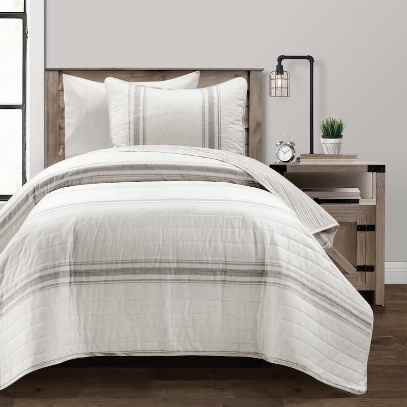 Lush Decor Farmhouse Stripe Reversible Cotton Twin-XL 2 Piece Quilt - Grey - Twin XL