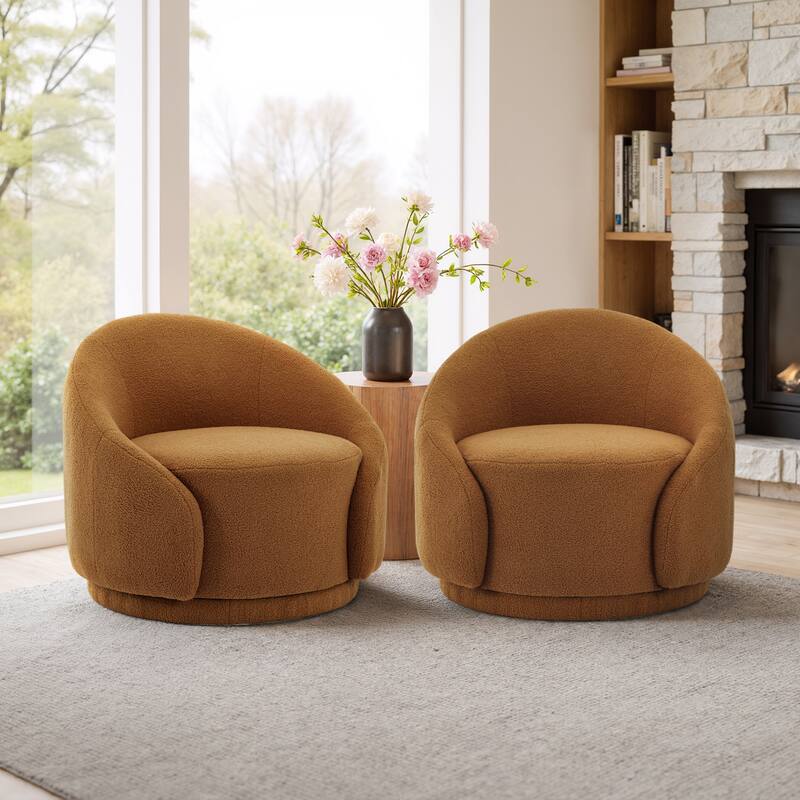 35" W Modern Upholstered Velvet/ Boucle Barrel Swivel Chair