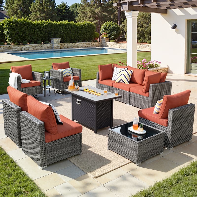 XIZZI 11-Piece Outdoor Patio Furniture Swivel Chairs Set with Fire Table - Red/Orange