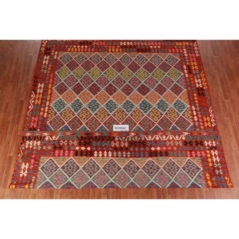 All-Over Trellis Kilim Oriental Large Rug Hand-Woven Wool Carpet - 10'8"x 12'11"