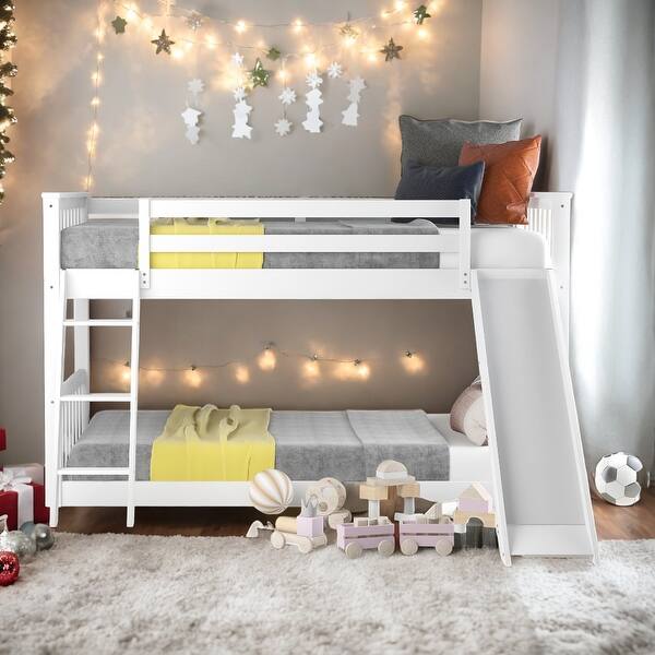 slide 2 of 12, Twin over Twin Bunk Bed with Convertible Slide and Reversible Ladder, Low Bunk Design Grey