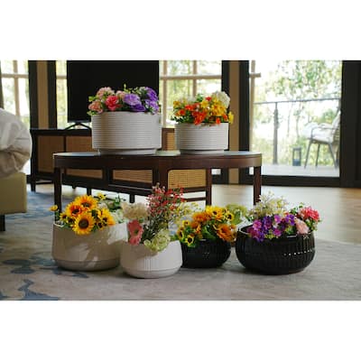 Ivory White Ceramic Planter Set of 2 - 11.4" Square Shallow Modern Pots with Drainage