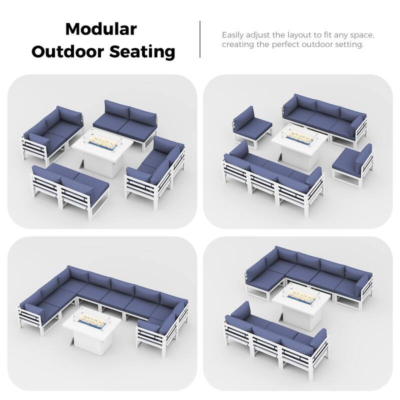 9-Piece Aluminum Outdoor Furniture Set With Fire Pit Table Propane/Natural Gas 60,000 BTU, Extra Large Aluminum Patio Sectional
