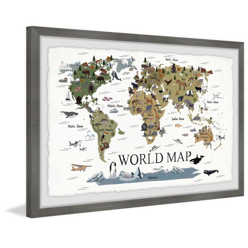 'World Map of Animals' Framed Painting Print