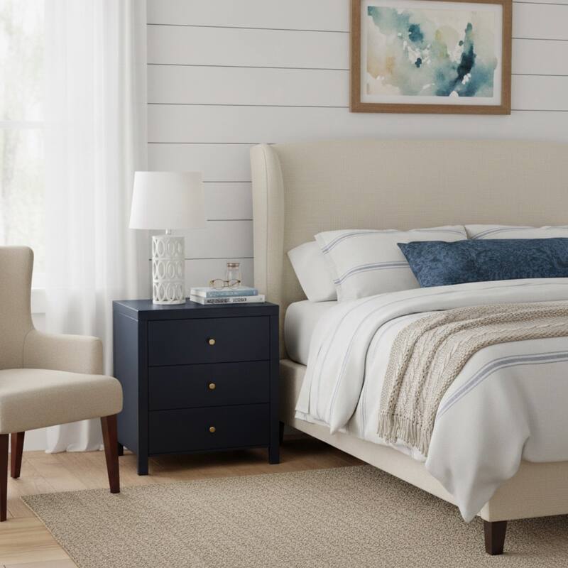 Modern Nightstand with 2 Drawers Wood Grain Texture Metal Pulls - Dark Blue