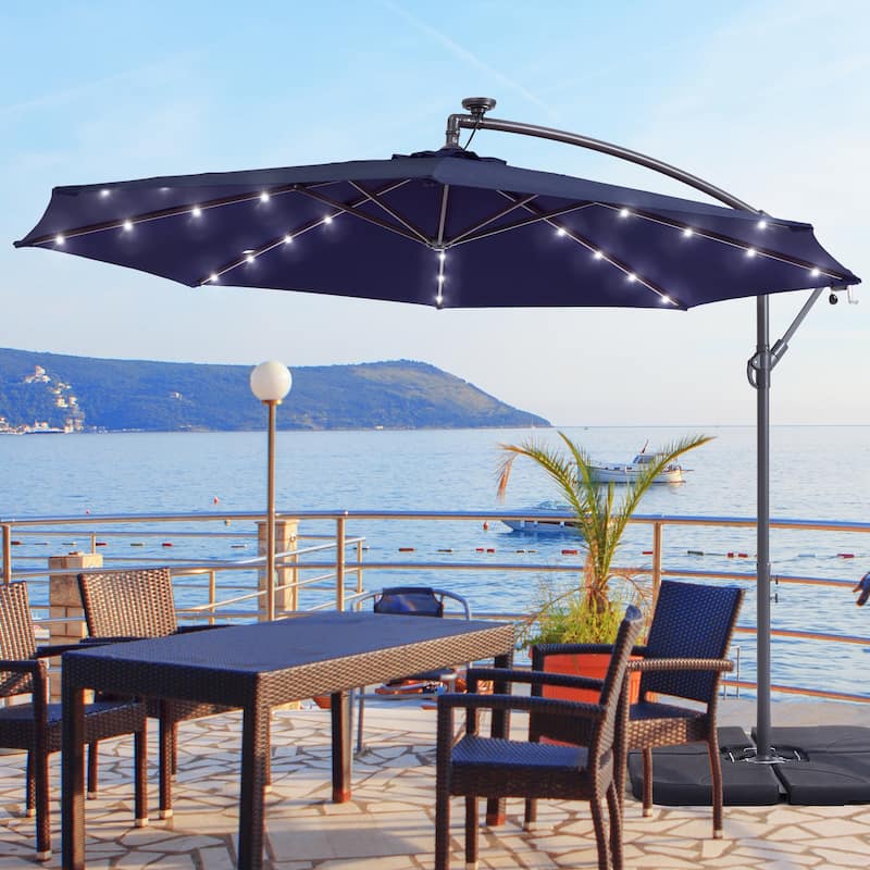 10Ft LED Patio Offset Umbrella Hanging Circle Umbrellas,w/Cross Base - Navy Blue