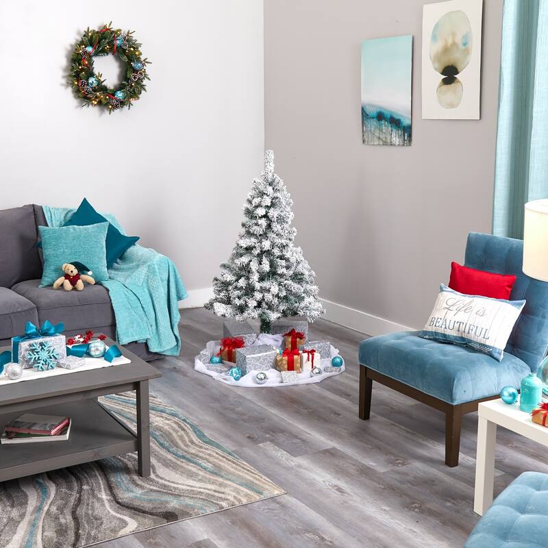 4' Pre-Lit Flocked Rock Spruce Artificial Christmas Tree, Warm Clear LED Lights - 4 Foot