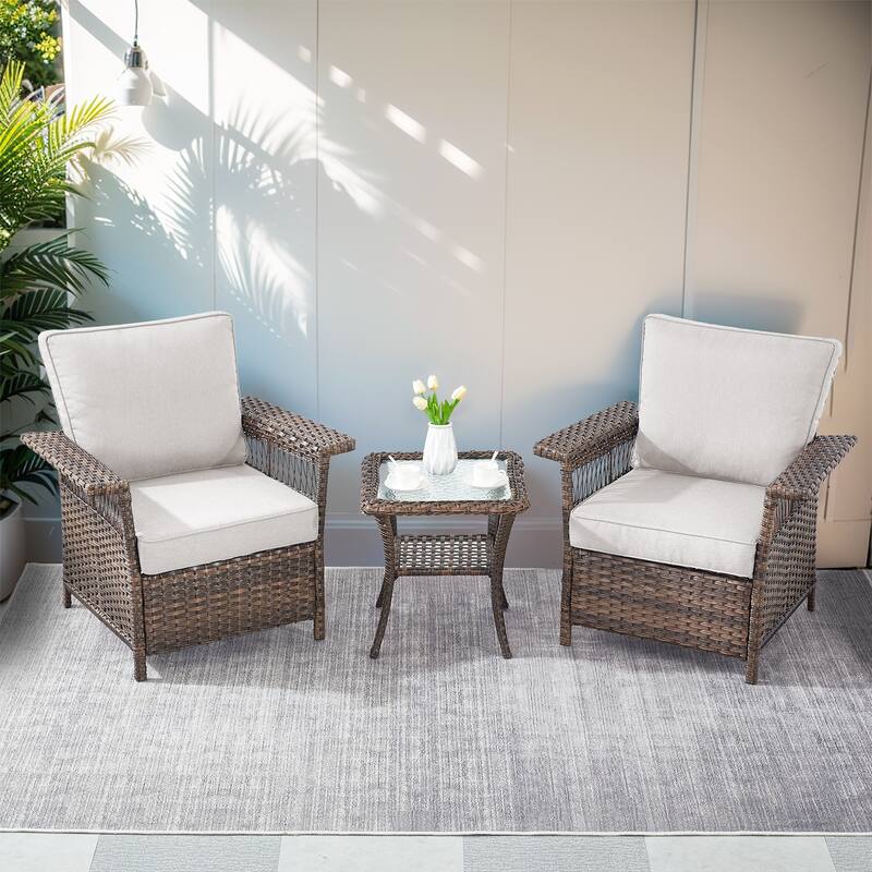Pocassy Outdoor Swivel Chairs with Sofa Chair Ottoman and Table Set - Brown Wicker Beige Cushion - 3-Piece Patio Chair with Side Table