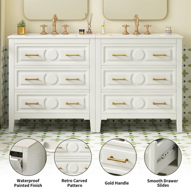 60" Bathroom Vanity Set with Ceramic Sink (Separate), Solid Wood Bathroom Storage Cabinet