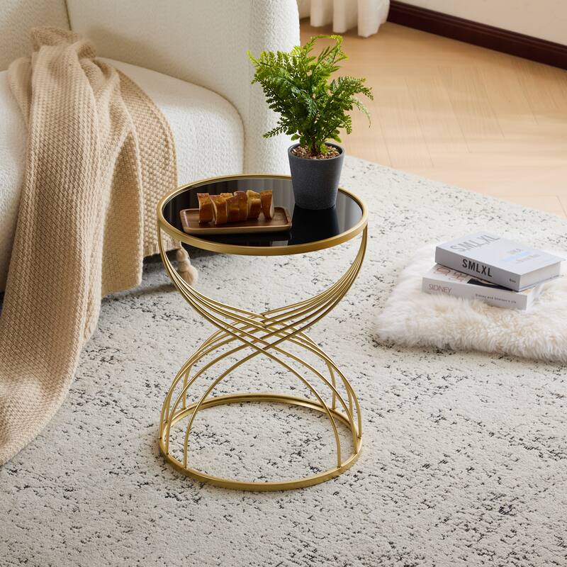 Modern Elegant Golden Hourglass-shaped Accent Table Compact Side Table with Streamlined Metal Frame and Black MIirror Top - Gold