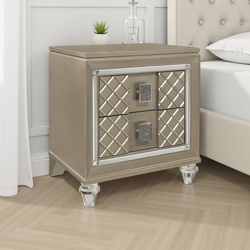 Loy Nightstand, 2 Drawers, Champagne Gold Metallic, Mirror Trim
