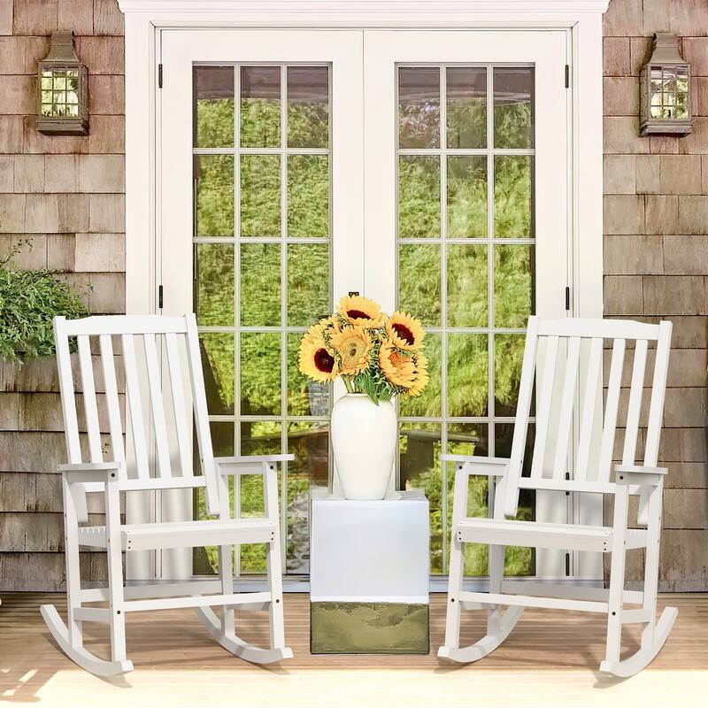 Acacia Wood Outdoor Rocking Chair, Traditional Porch Outdoor Rocker Chairs Set of 2 - 43" H - White