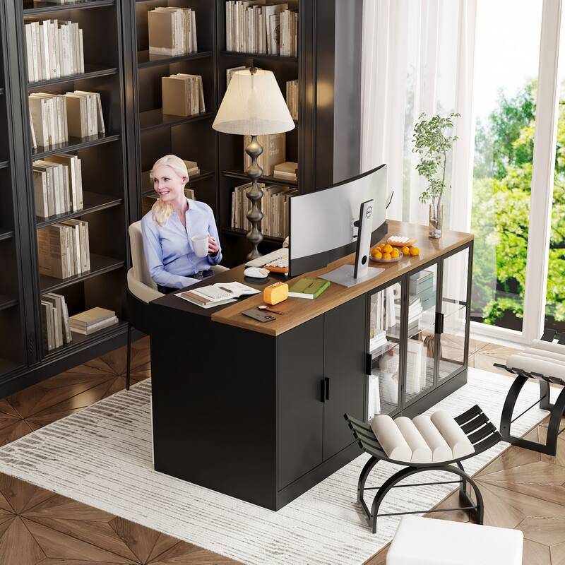 Kitchen Island and Office Desk, Ample Storage, Glass Cabinet & Drawers