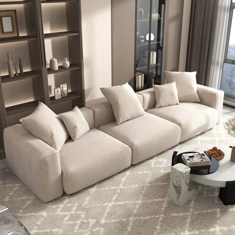 142" Contemporary Corduroy Sectional Sofa Classic Deep Couch - Beige