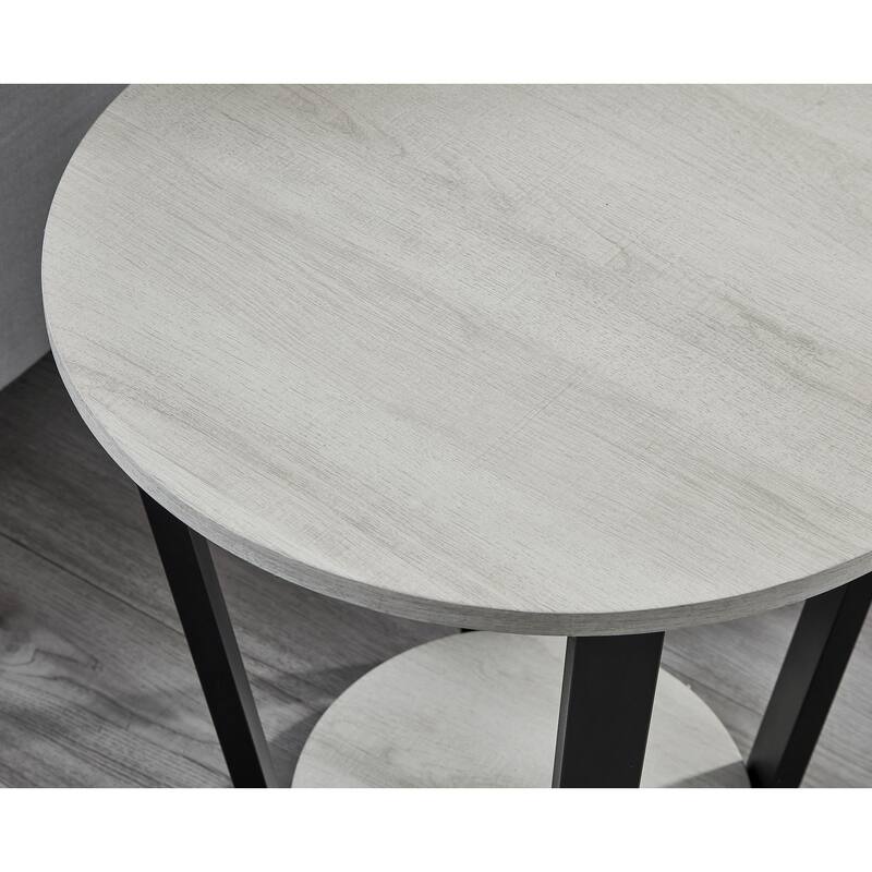 Contemporary Round End Table with Shelf, for Bedroom or Living Room, Off-White