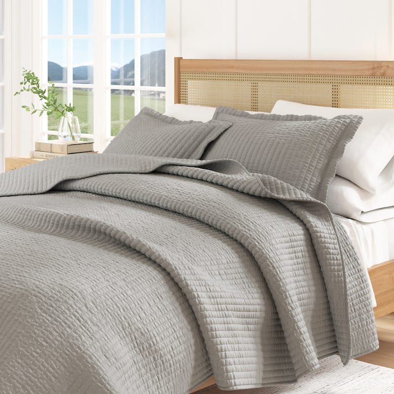 Linery & Co. Detailed Channel Stitch Microfiber Quilt Set With Shams. - Ash Gray - Queen