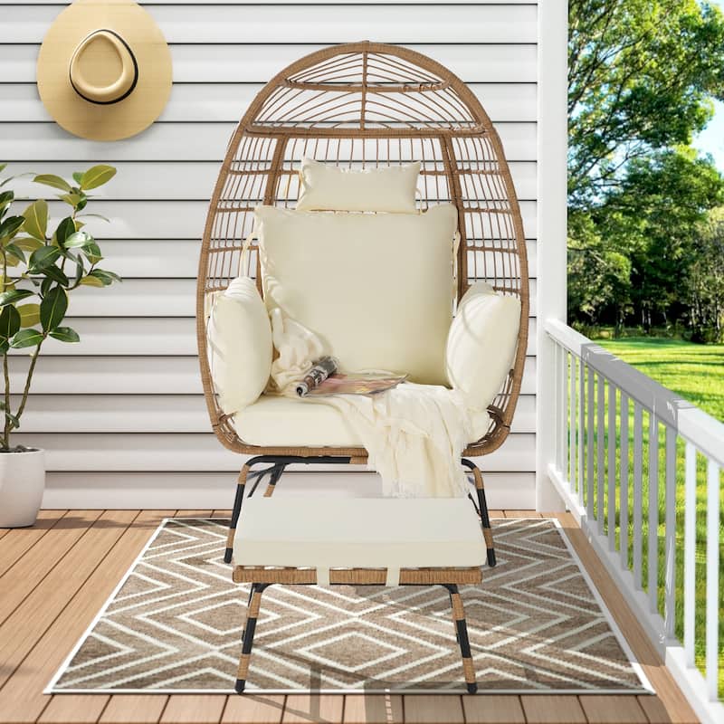 Rattan Egg Chair Indoor Outdoor,Oversized Large Egg Chairs with Ottoman and Thick Cushions for Porch, Backyard, Balcony