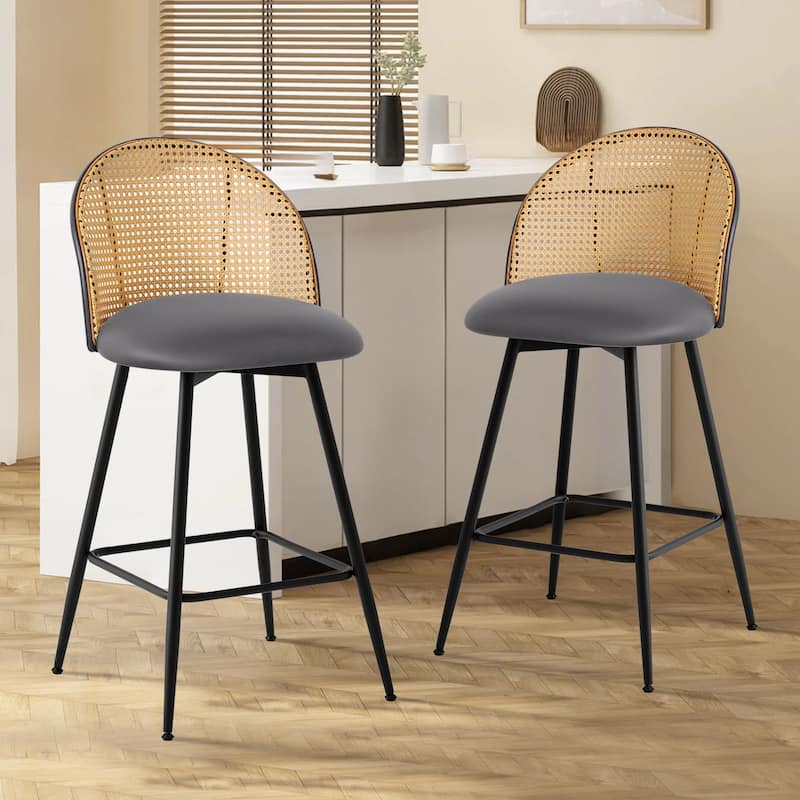 26-Inch Swivel Counter Height Bar Stools with Rattan Back - 36"H x 18.5"W x 19.7"D - Set of 2 - Leather-Grey